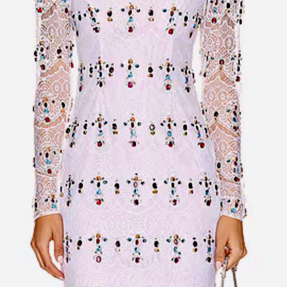 PATBO Hand-embellished White Lace Dress with Multicolor Accents